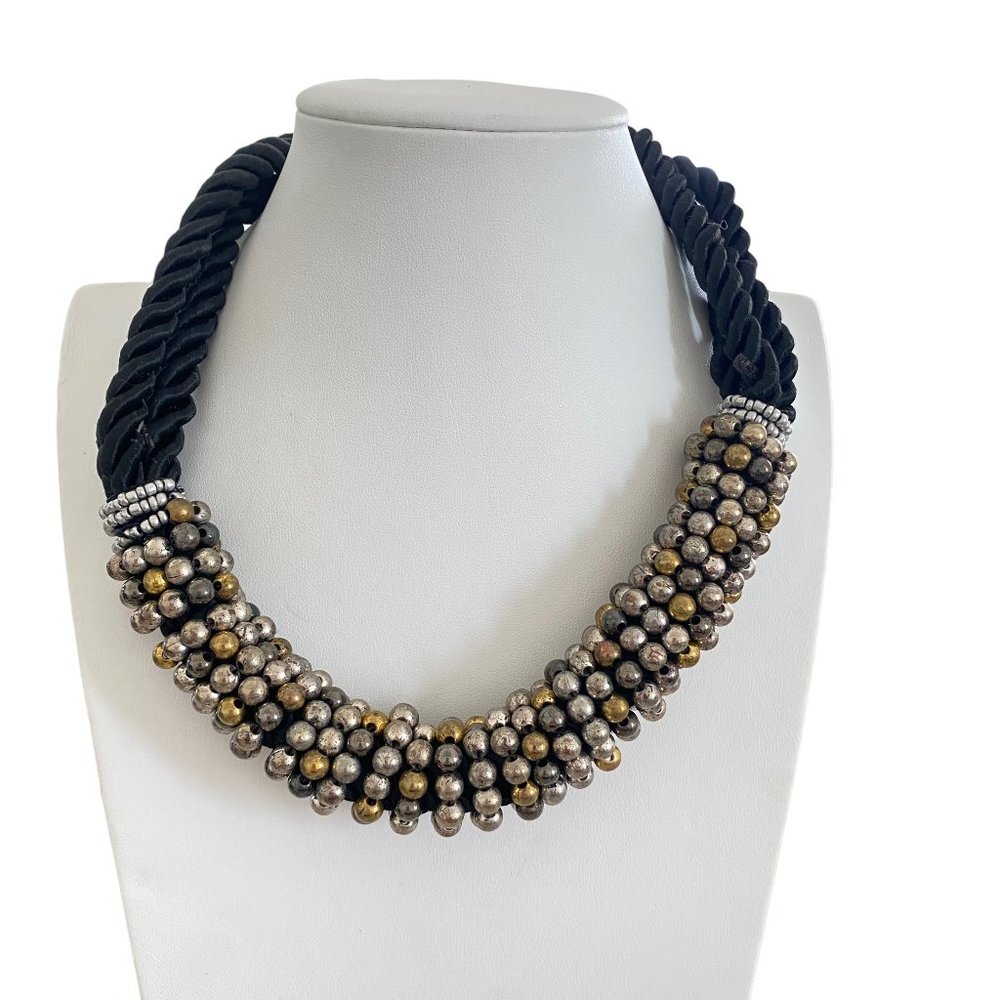 YOU & I satin Rope collar black necklace faux pearls chunky
